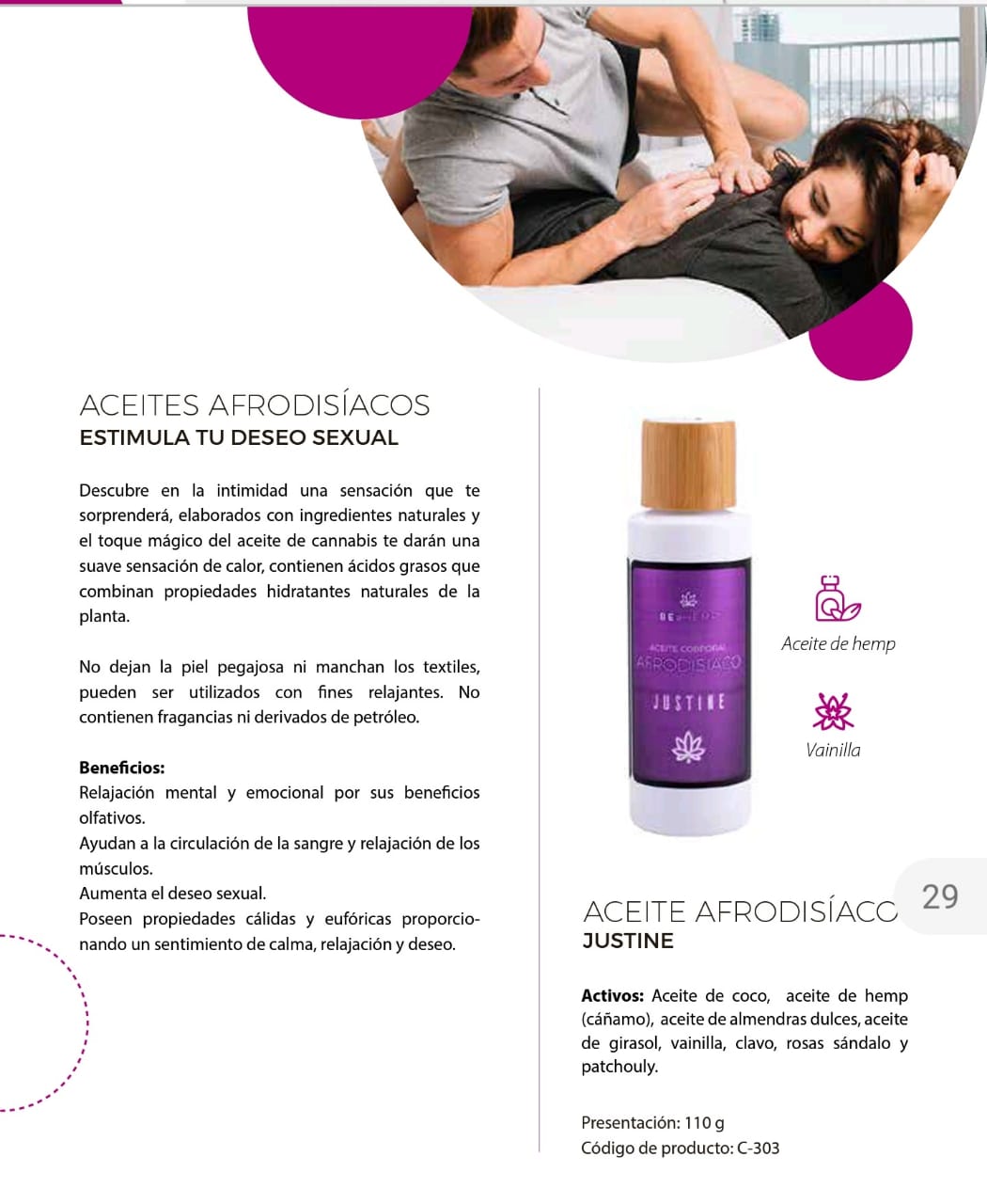 Aceite para masajes Justine afrodisíaco 110ml Beohemp