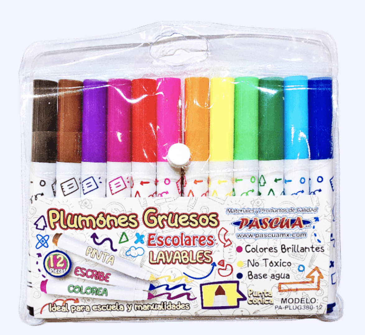Plumones gruesos escolares lavables 12 piezas para manualidad y escuela
