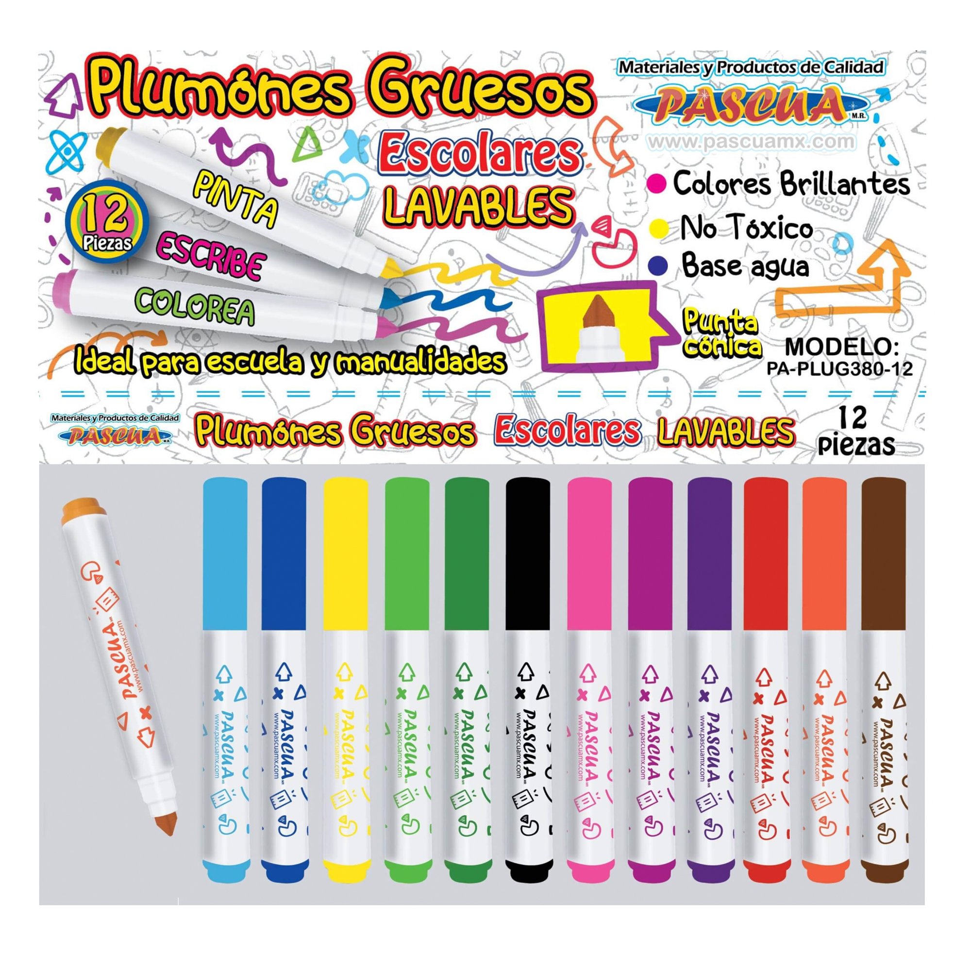 Plumones gruesos escolares lavables 12 piezas para manualidad y escuela