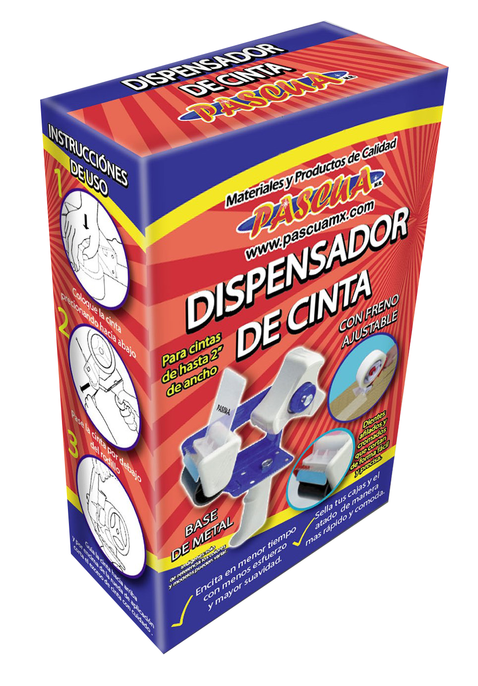 Dispensador para Cinta Adhesiva, Pistola de embalaje, para cinta de 5 cm de ancho, núcleo de papel de 7,6 cm