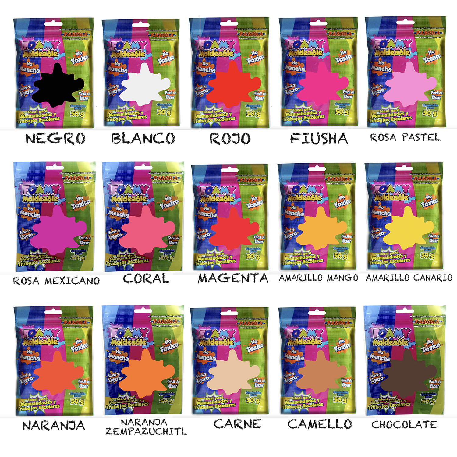 FOAMY MOLDEABLE BOLSA 50G VARIOS COLORES PARA MANUALIDAD, ESCOLAR Y PAPELERIA TIPO PLASTILINA