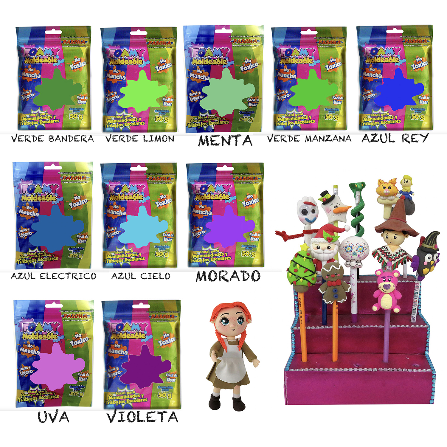 FOAMY MOLDEABLE BOLSA 50G VARIOS COLORES PARA MANUALIDAD, ESCOLAR Y PAPELERIA TIPO PLASTILINA