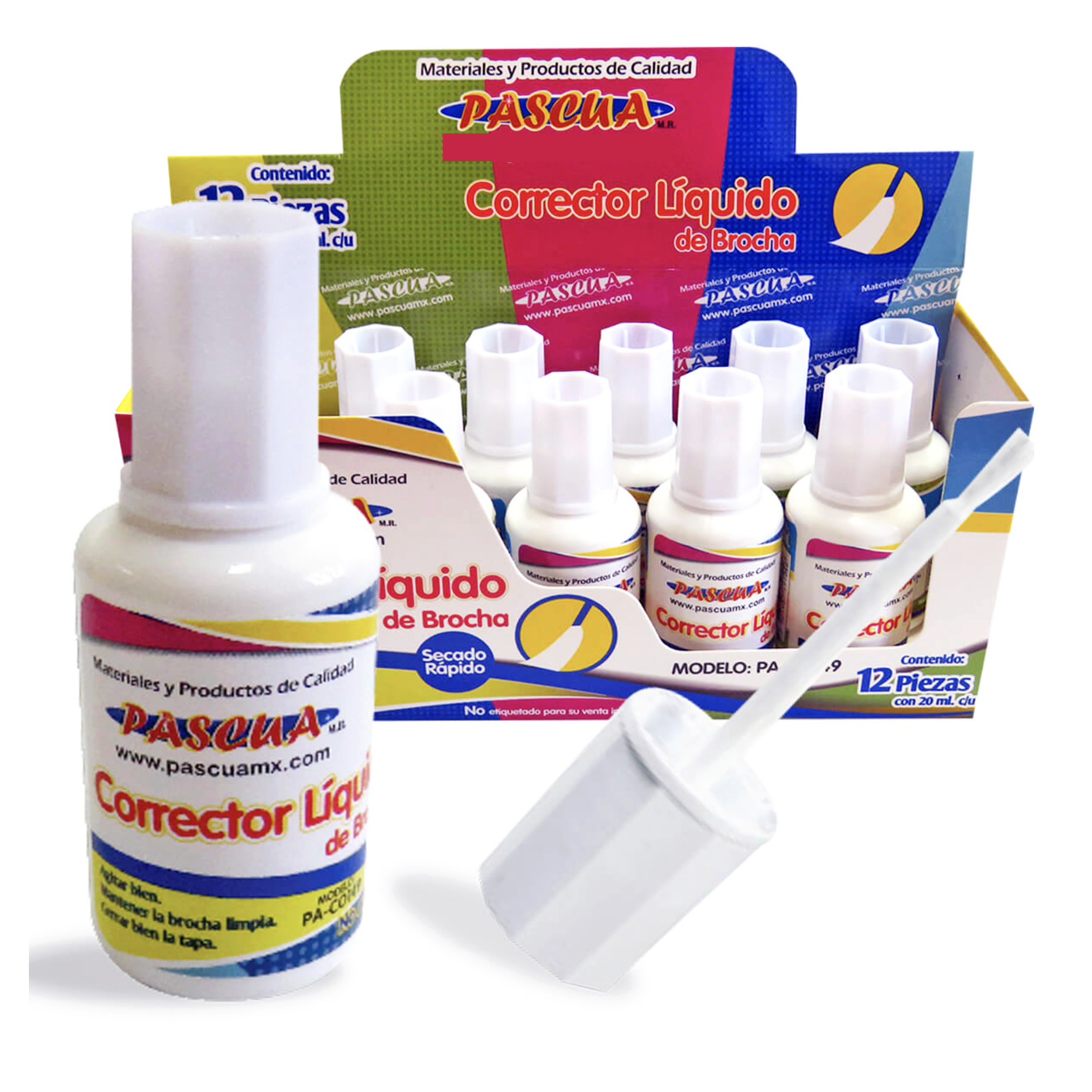 CORRECTOR LIQUIDO 20 ML FRASCO CON BROCHA SECADO RÁPIDO CAJA CON 12 PIEZAS