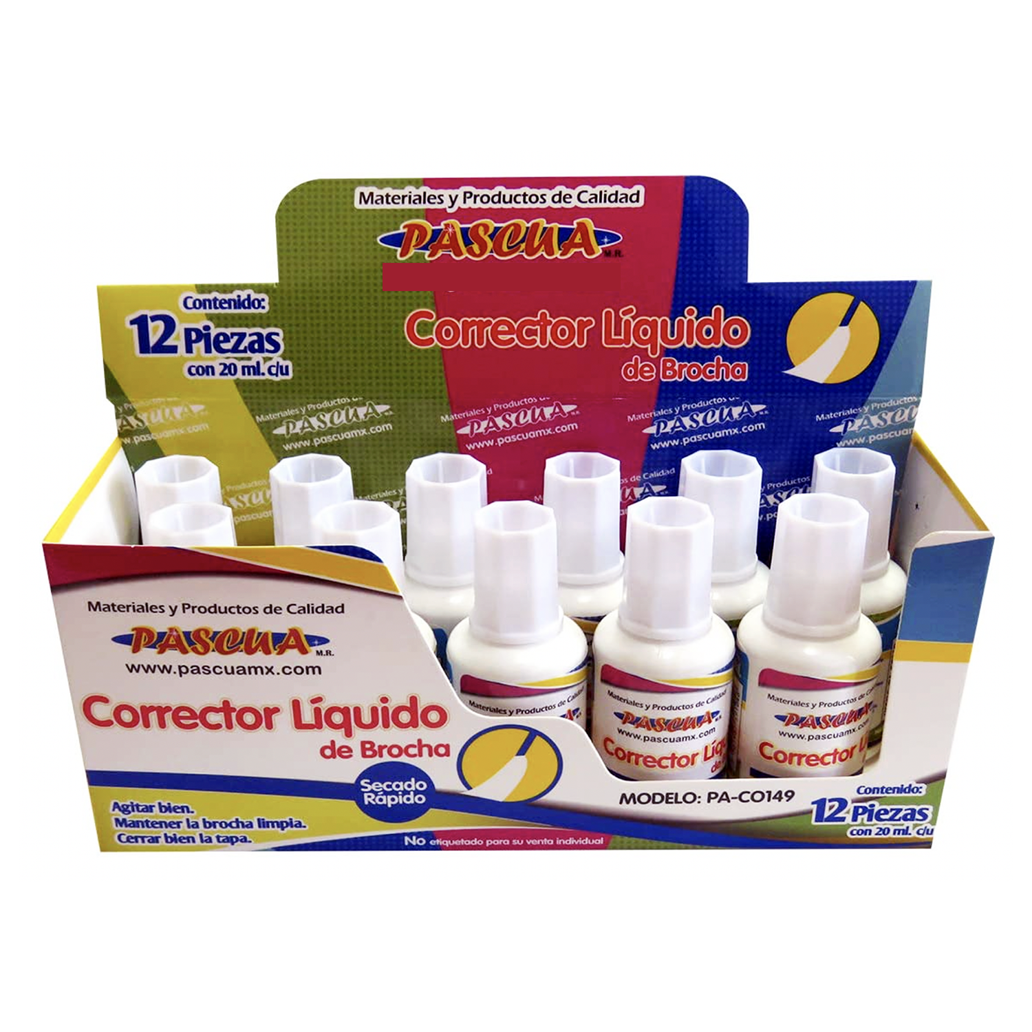 CORRECTOR LIQUIDO 20 ML FRASCO CON BROCHA SECADO RÁPIDO CAJA CON 12 PIEZAS