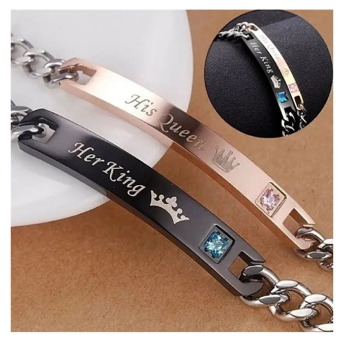 Duo Pulseras Originales Pareja King Queen Rey Reina Acero Inox