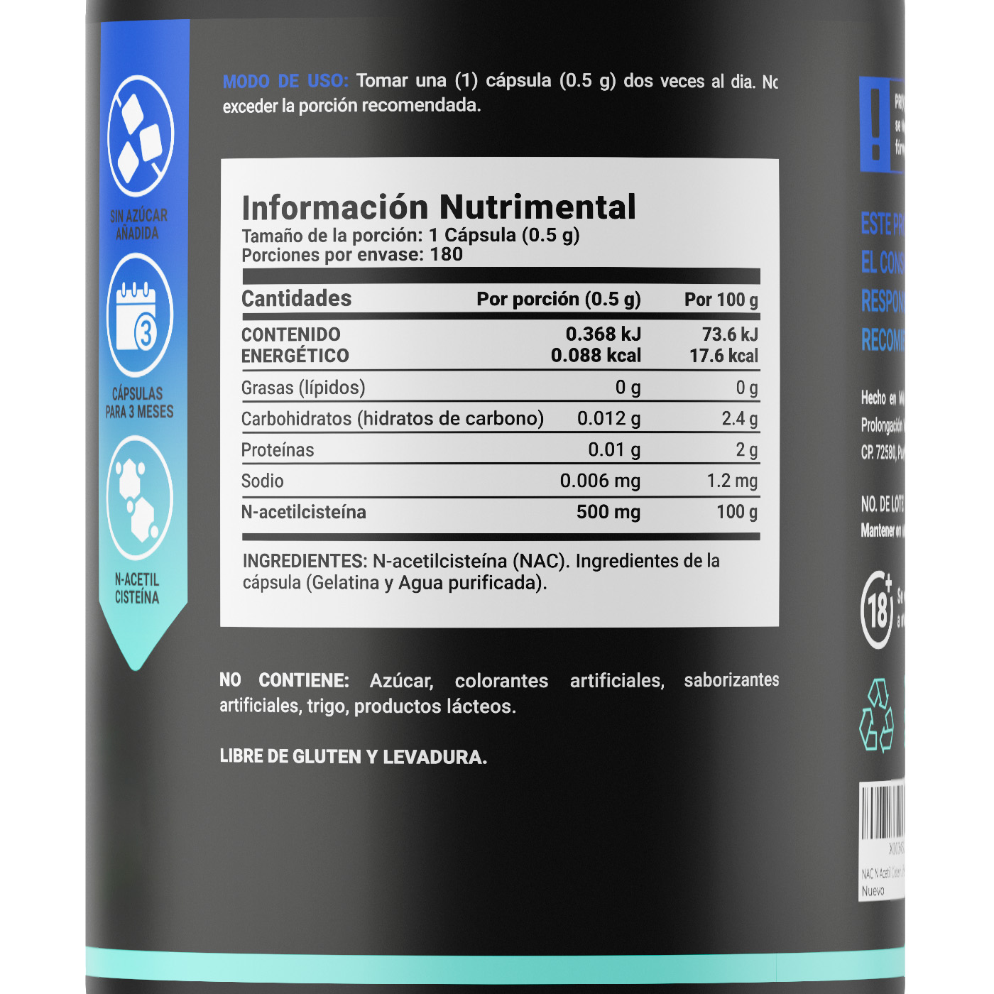 Acetil Cistein De 180 Cápsulas. N-acetyl Cistein B Life