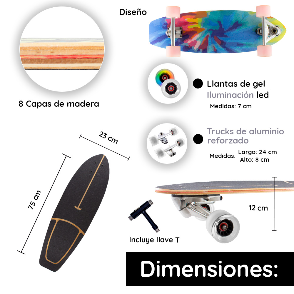 Patineta Semiprofesional Cruiser Surf Madera 75 Cm Con Llave Diseño Psicodelico
