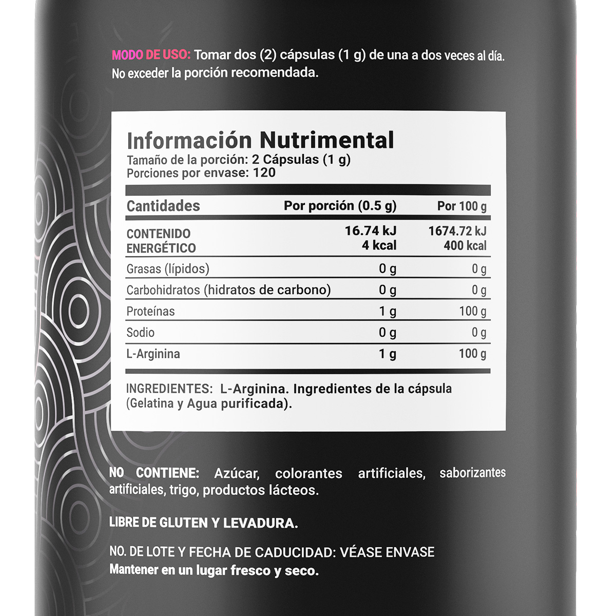 Arginina De 240 Cápsulas De 500mg, Pure Arginine B Life.