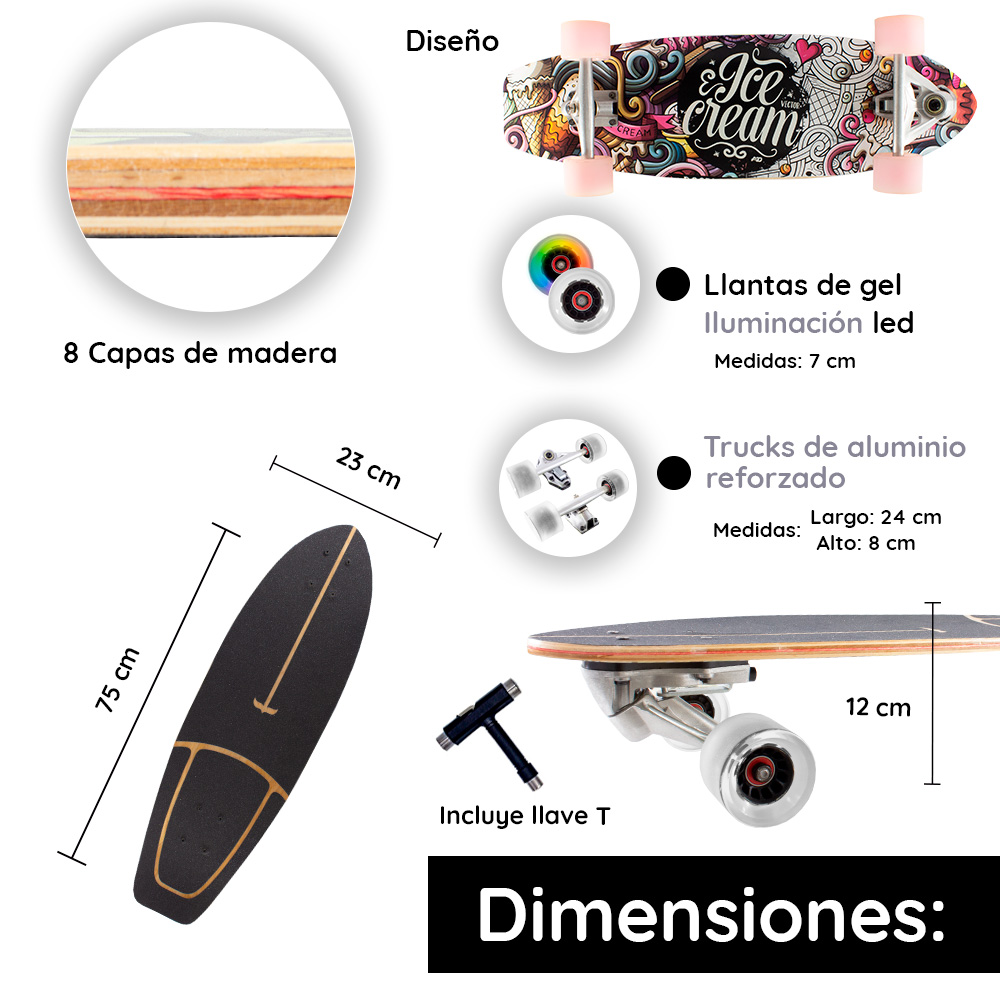 Patineta Semiprofesional Cruiser Surf Madera 75 Cm Con Llave Diseño de Helado
