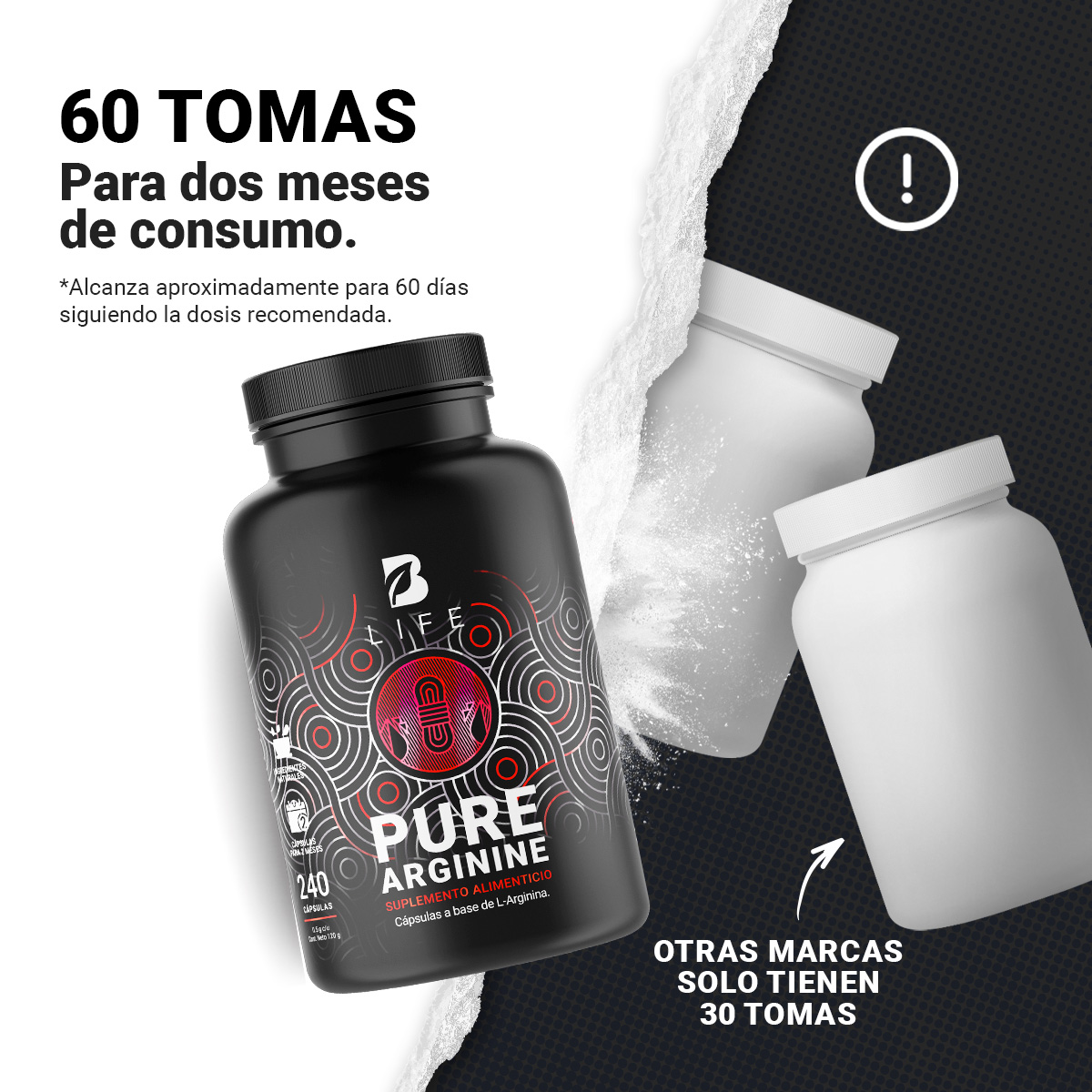 Arginina De 240 Cápsulas De 500mg, Pure Arginine B Life.