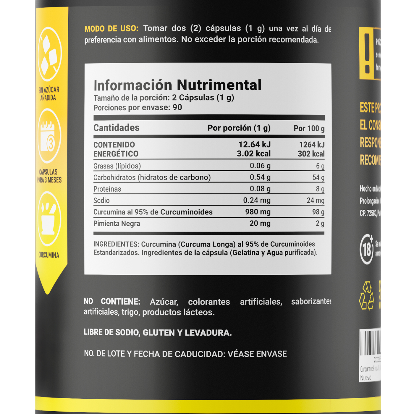 Curcumina Pura Al 95% De Curcuminoides De 180 Cáps. Pure Curcumin B Life.