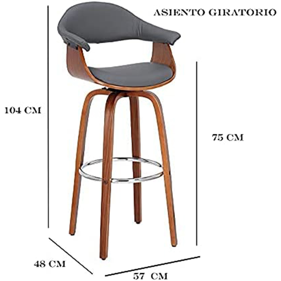 Banco AMS Madera Fijo Giratorio Grupo Microtec Barra Minimalista Moderno Cocina Bar Restaurante desayunador Piel Gris Chapa Nogal