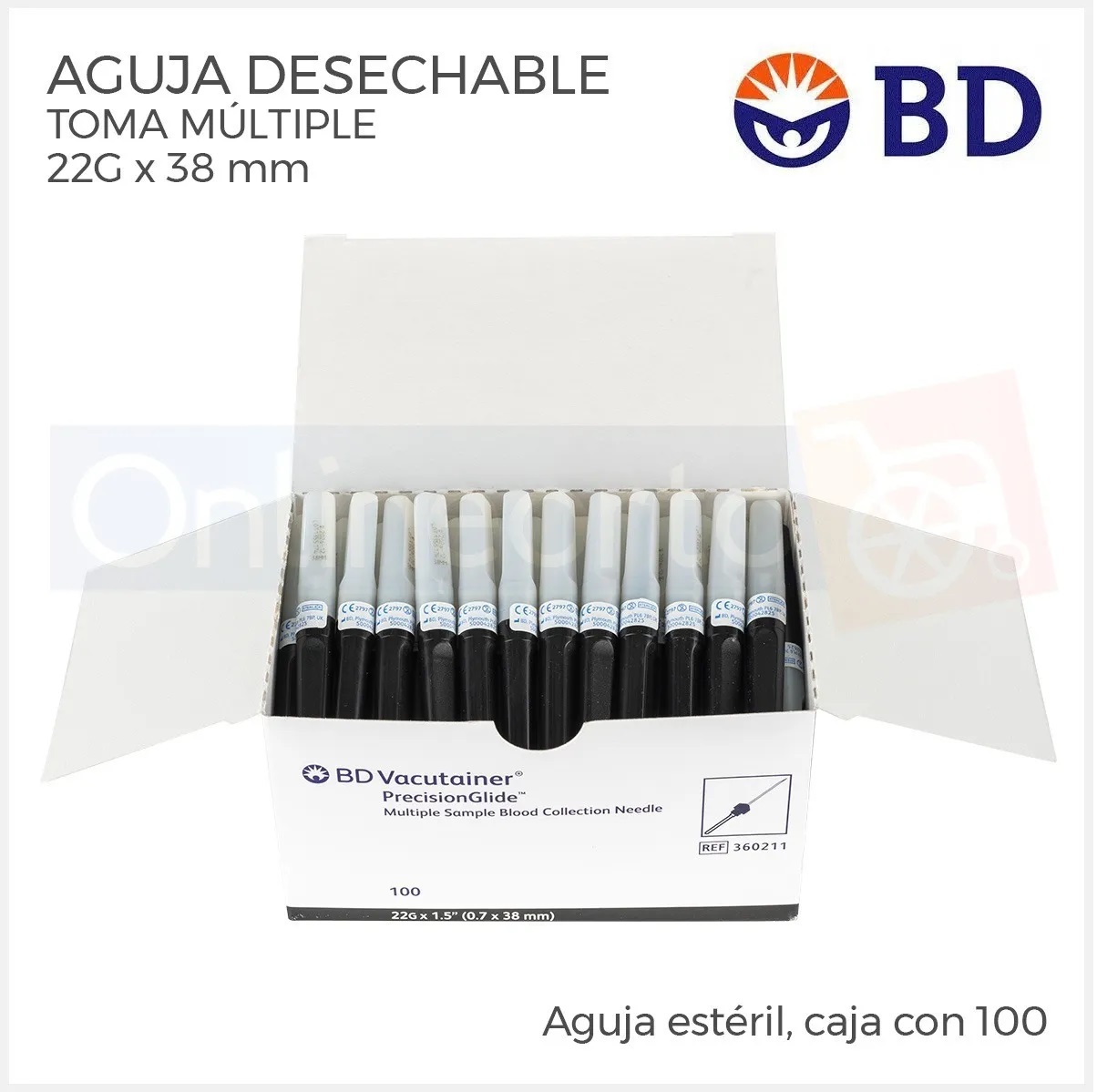Aguja Vacutainer 22g X 38 Mm Bd Negra Caja Con 100 Pzas