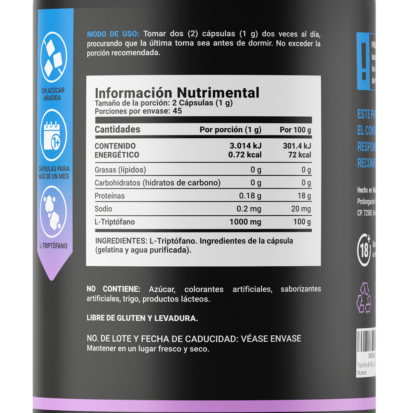Triptofano De 180 Cápsulas De 500mg, L-tryptophan B Life.