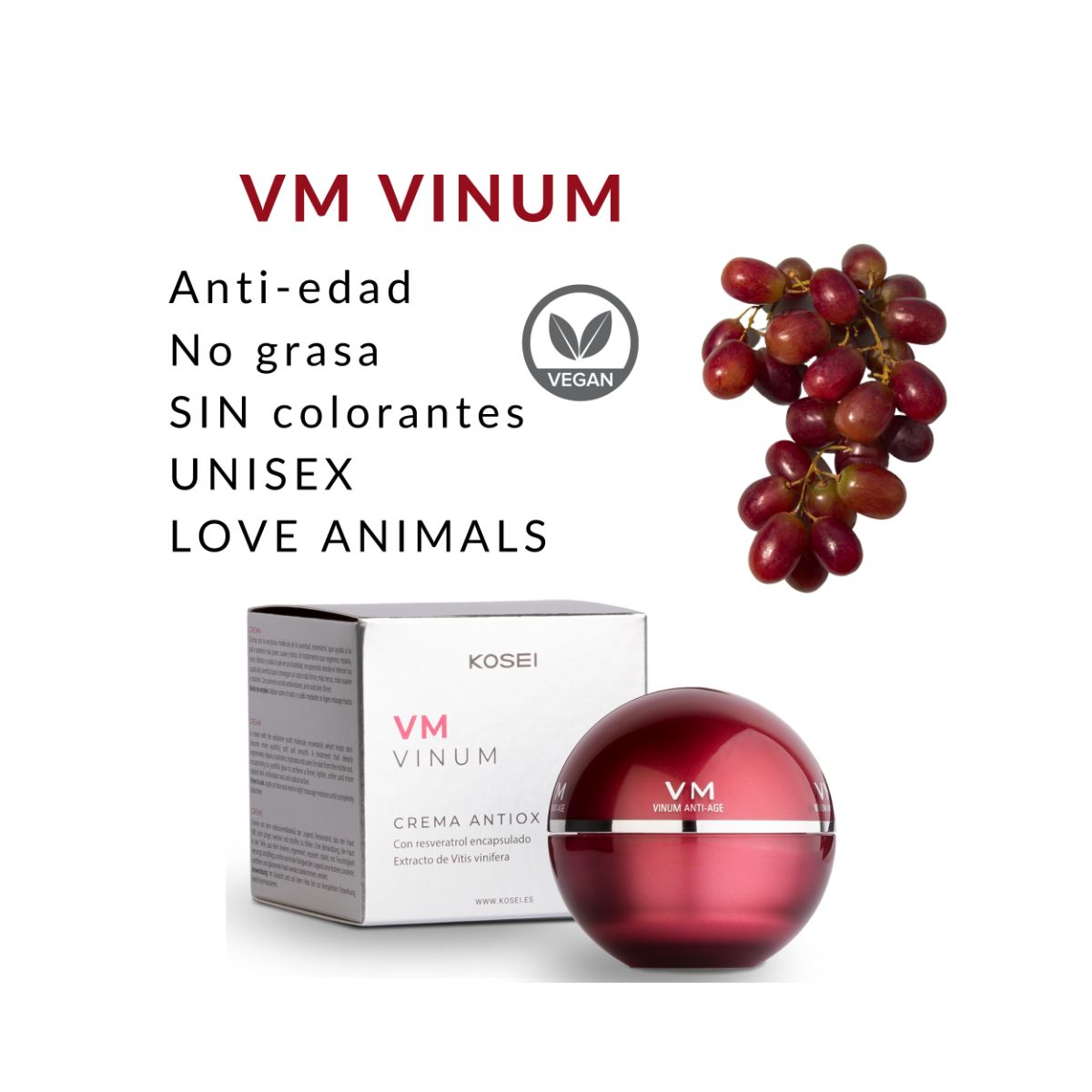 Crema anti edad con resveratrol y vitamina E, 50 ml, KOSEI VM VINUM.