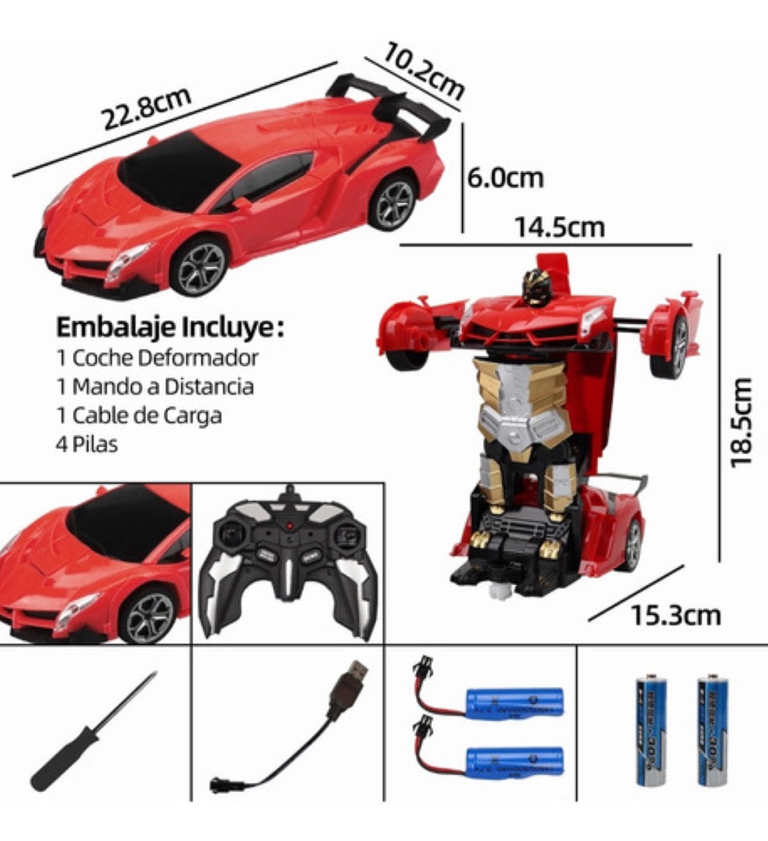 2 En 1 Coche Teledirigido Transformers Control Remoto Rojo 