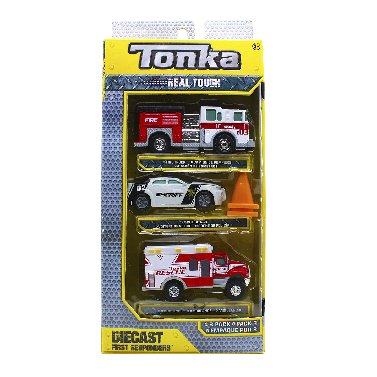3 camiones miniatura de Juguete, SUPER RESISTENTES, metálicos, (bombero,Policia,ambulancia) Marca Tonka
