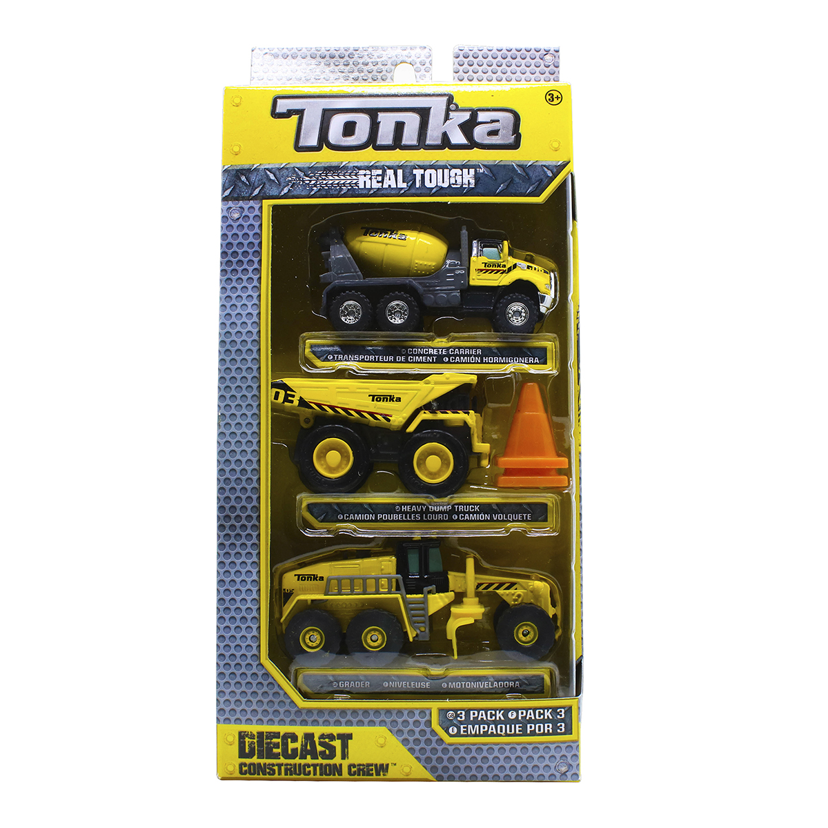 3 camiones miniatura de Juguete, SUPER RESISTENTES, metálicos, (Mezcladora, Volteo, Motonivelador) Marca Tonka