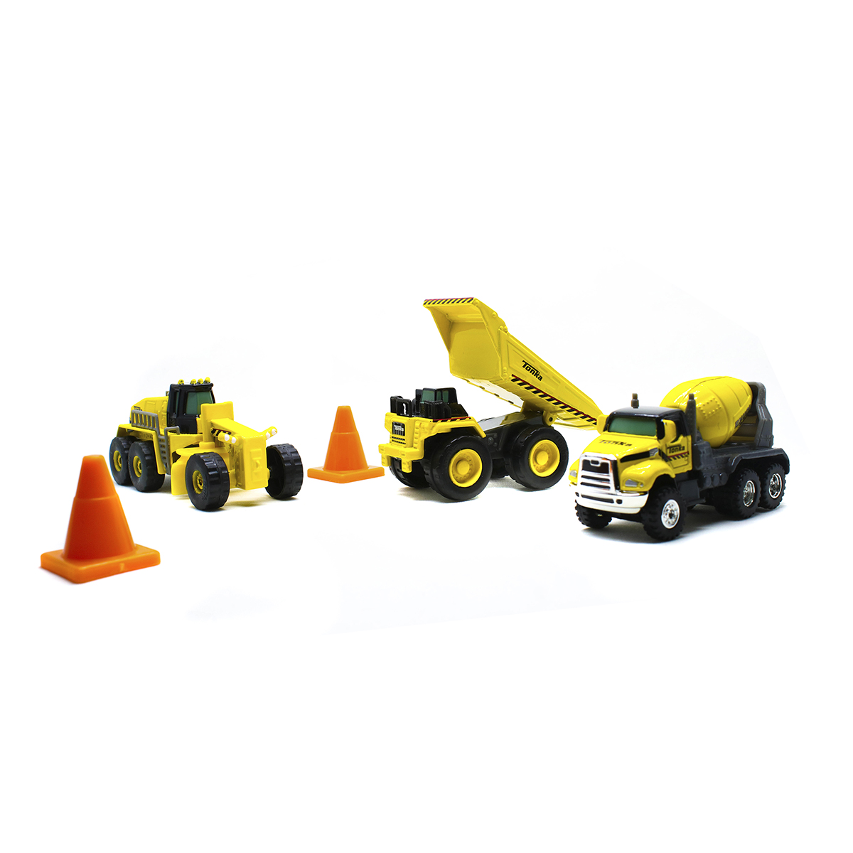 3 camiones miniatura de Juguete, SUPER RESISTENTES, metálicos, (Mezcladora, Volteo, Motonivelador) Marca Tonka