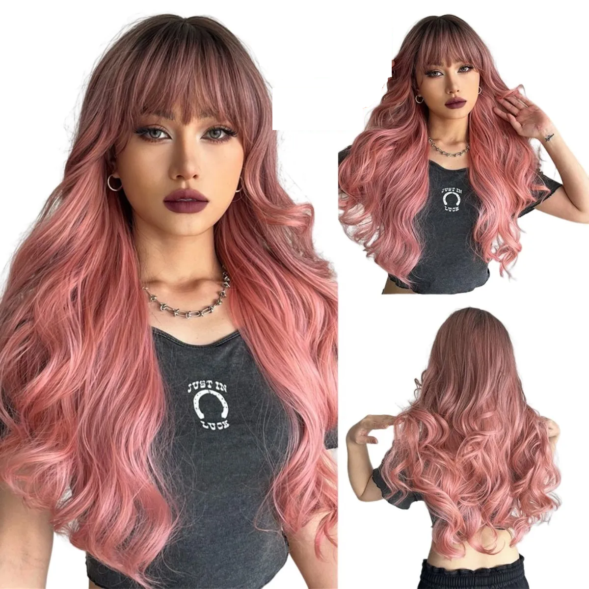 Peluca Larga Ondulada Cosplay Para Mujer Con Flequillo Rosa