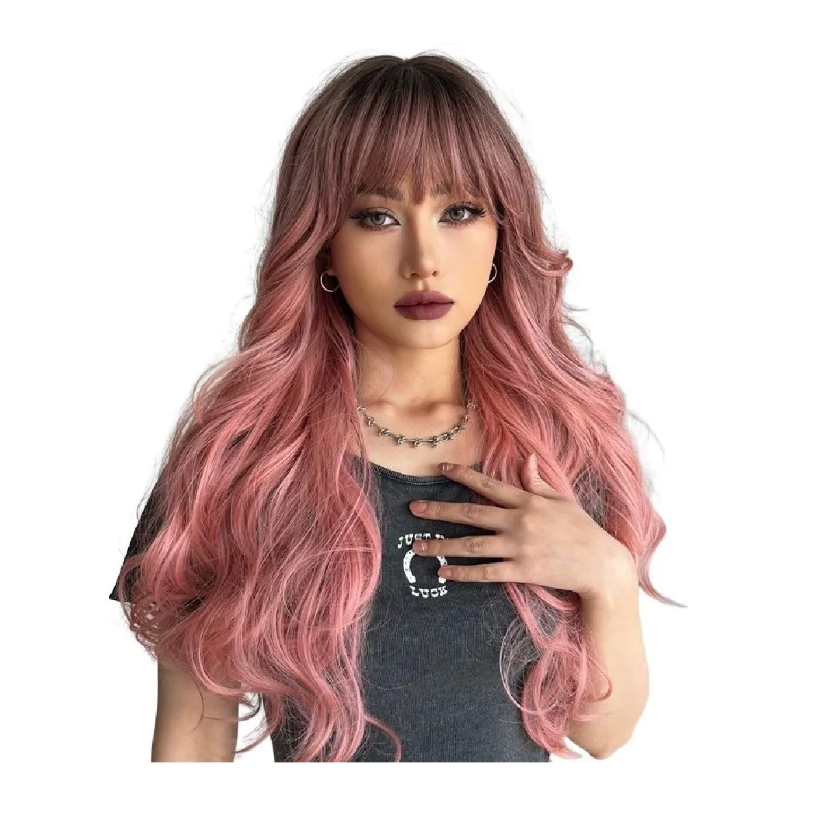 Peluca Larga Ondulada Cosplay Para Mujer Con Flequillo Rosa