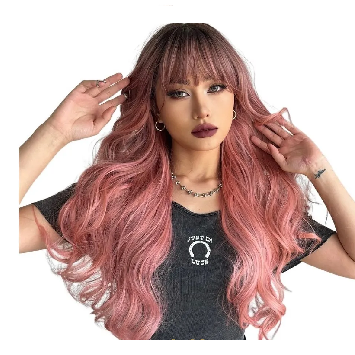 Peluca Larga Ondulada Cosplay Para Mujer Con Flequillo Rosa