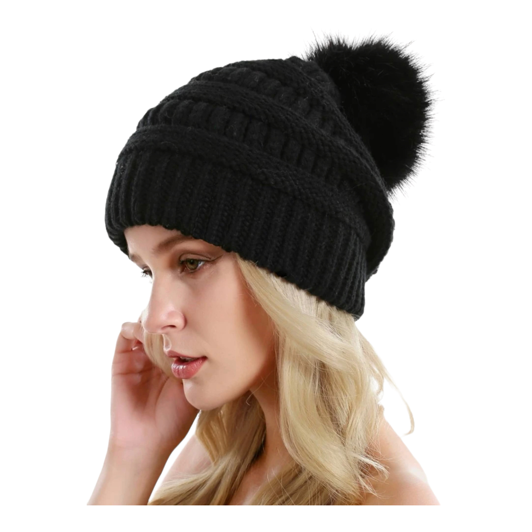 Gorro Invernal Tejido De Punto Con Pompón Para Mujer.