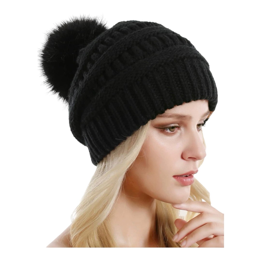 Gorro Invernal Tejido De Punto Con Pompón Para Mujer.