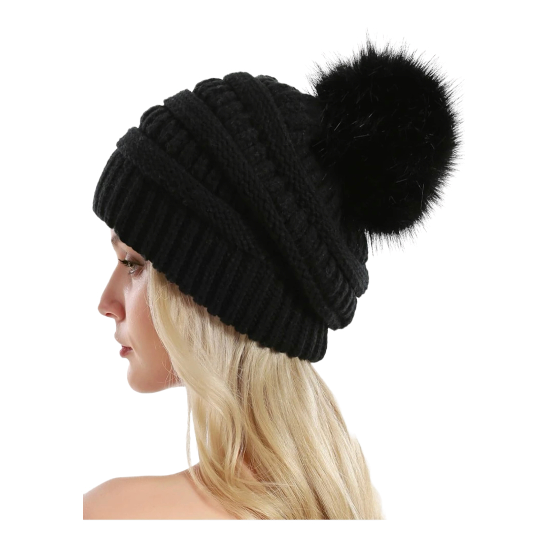 Gorro Invernal Tejido De Punto Con Pompón Para Mujer.