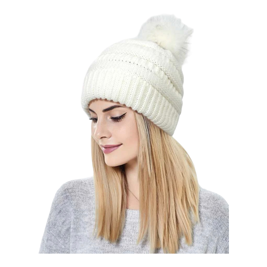 Gorro Invernal Tejido De Punto Con Pompón Para Mujer.