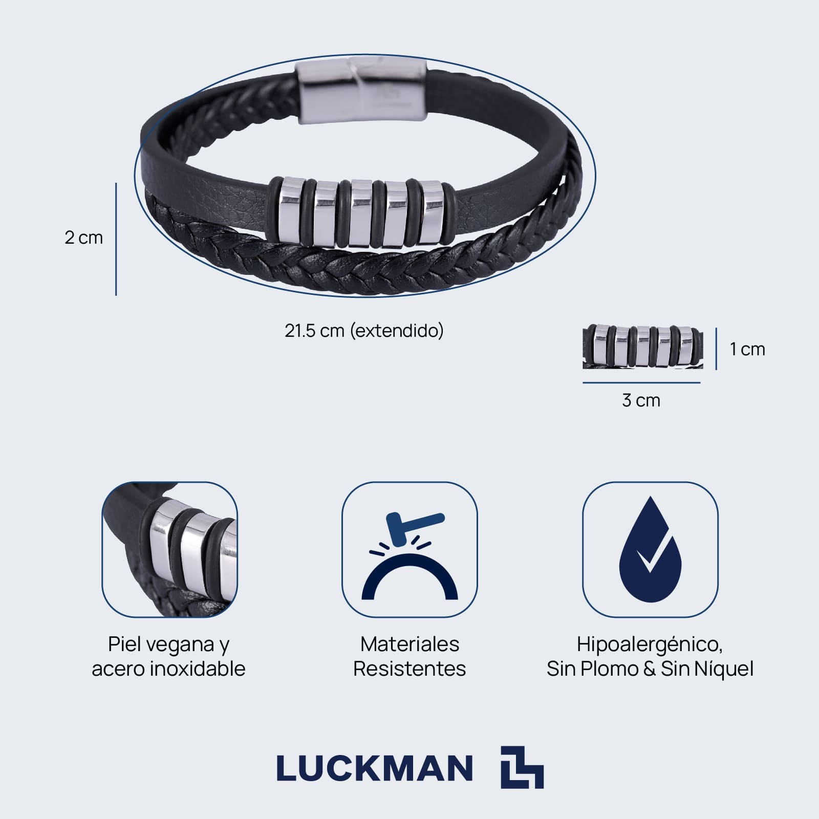 LUCKMAN Pulsera Hombre Acero Inoxidable Color Plata , Brazalete de Cuero Piel Vegana y Broche Magnético - Modelo Blake