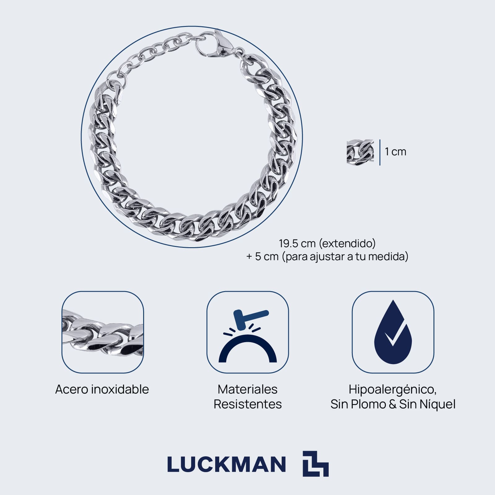 LUCKMAN Pulsera Hombre de Cadena Acero Inoxidable Color Plata , Brazalete tipo Esclava - Modelo Clark