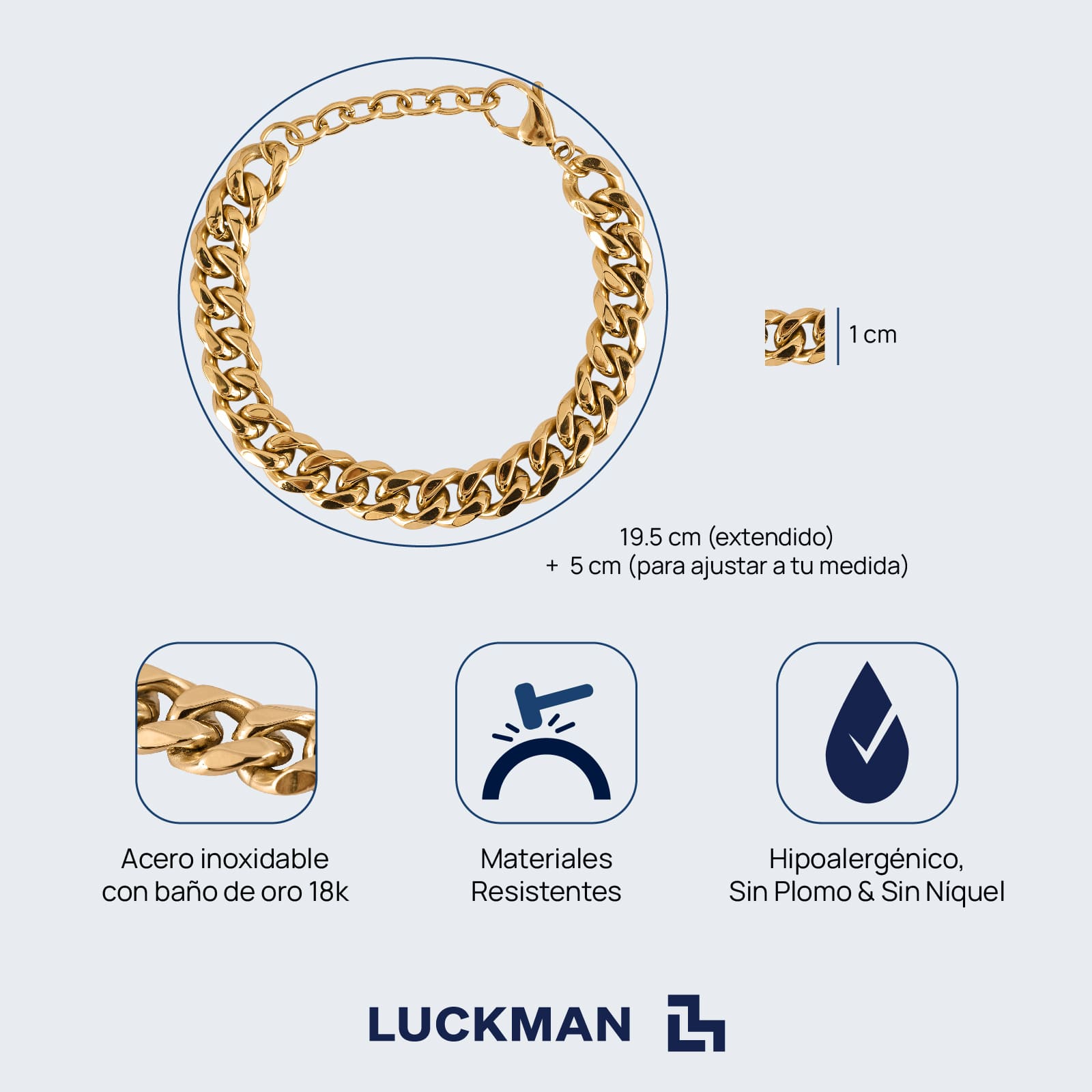 LUCKMAN Pulsera Hombre de Cadena Acero Inoxidable con Baño de Oro 18k , Brazalete tipo Esclava - Modelo Clark