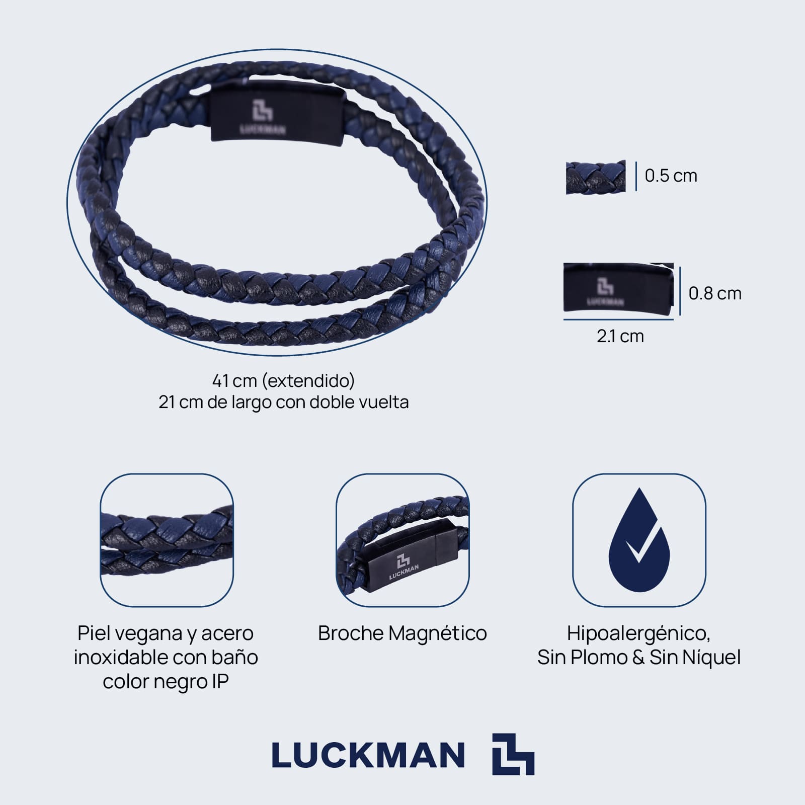 LUCKMAN Pulsera Hombre Doble Vuelta, Brazalete de Cuero Piel Vegana , Acero Inoxidable Color Negro y Broche Magnético - Modelo Kent
