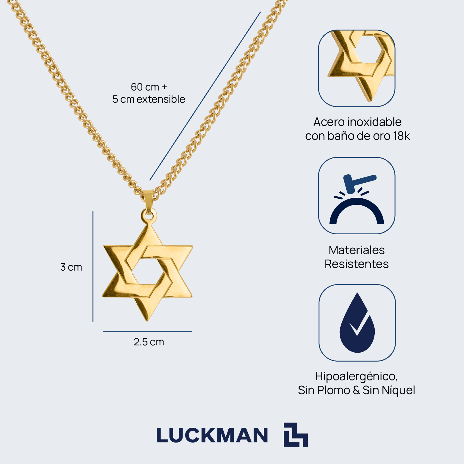 LUCKMAN Collar Hombre de Estrella de David, Cadena con Dije, Acero Inoxidable con Baño de Oro 18k - Modelo Dave