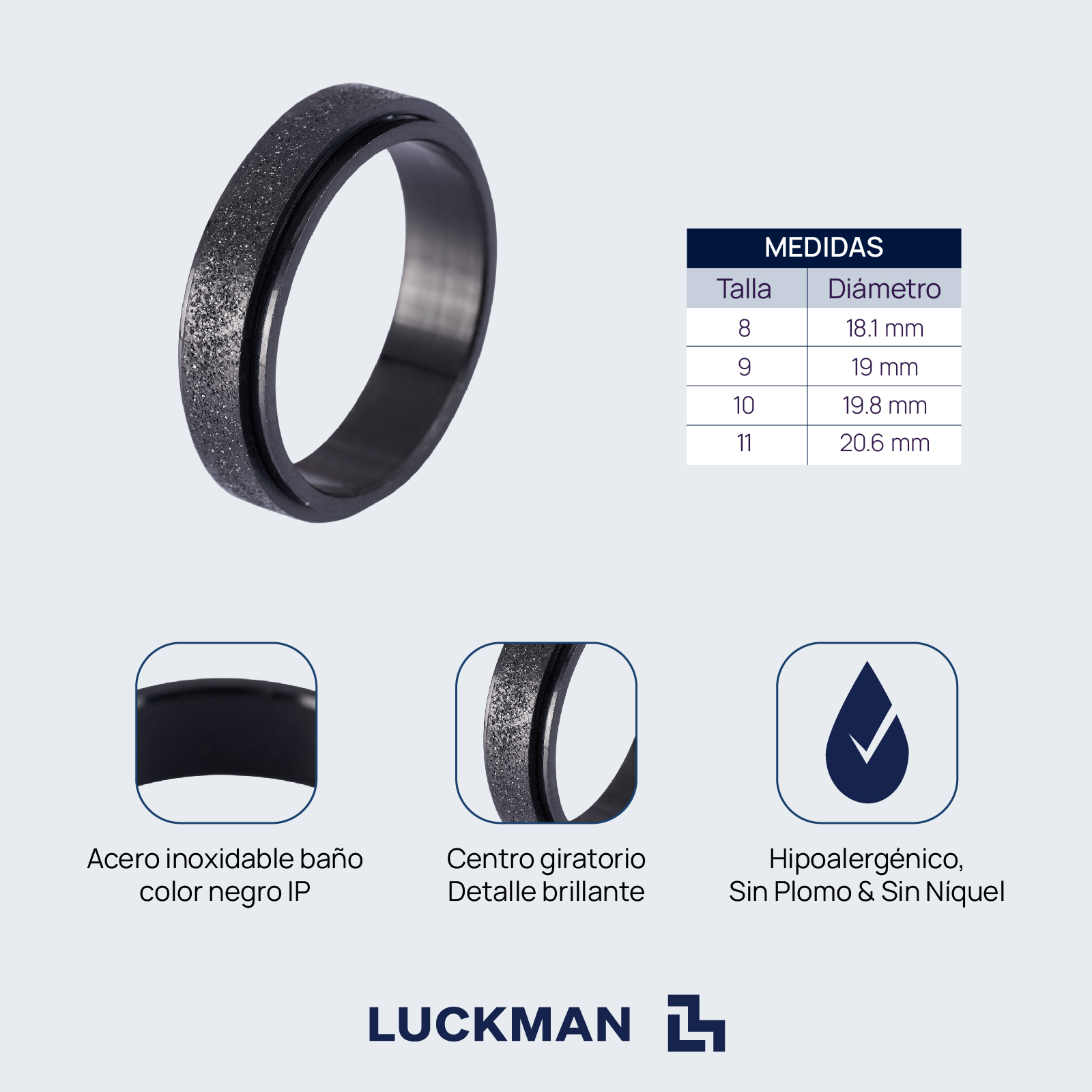 LUCKMAN Anillos Hombre Giratorios, Anillo Anti Ansiedad de Acero Inoxidable Color Negro - Modelo Elvis