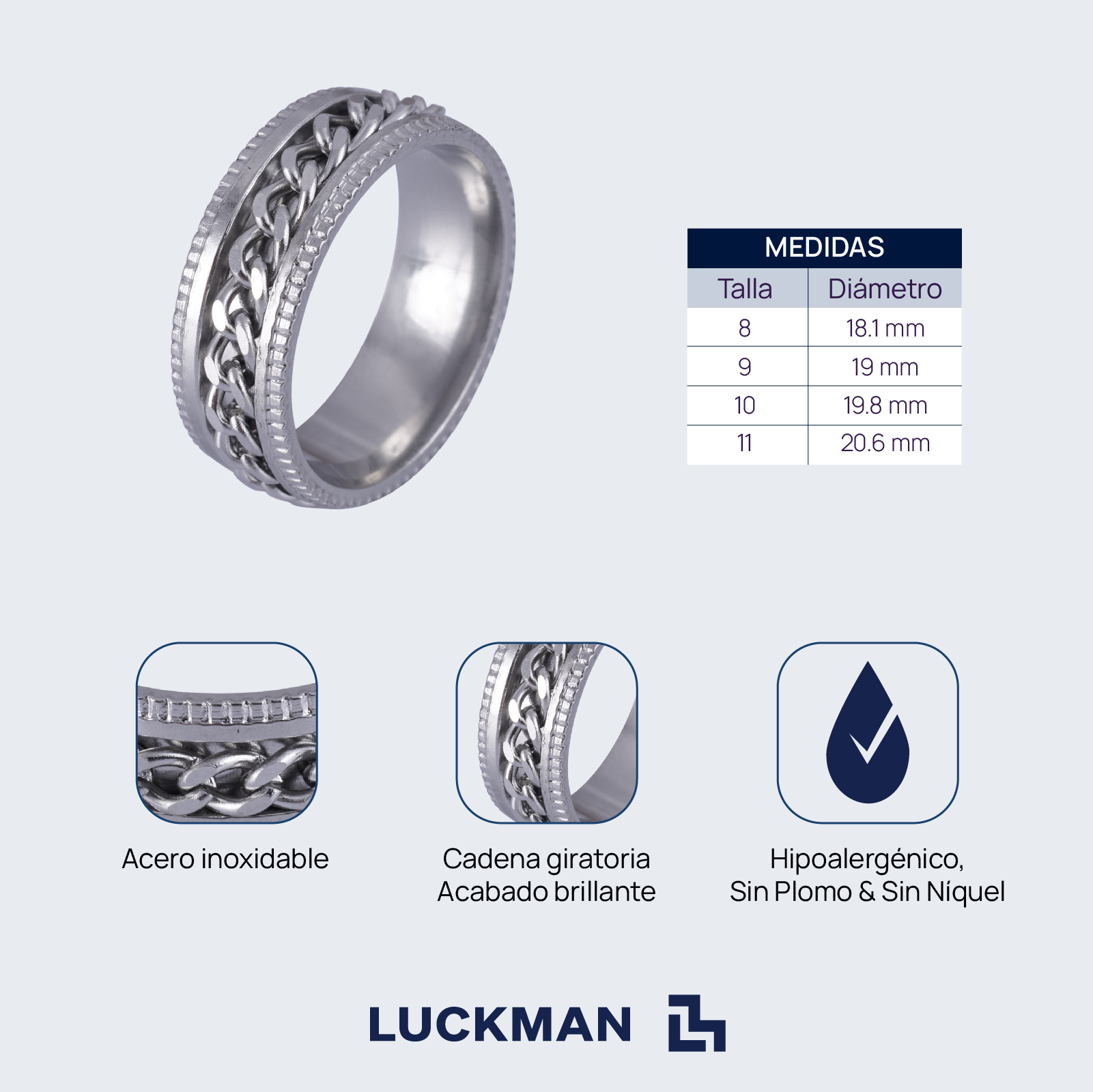 LUCKMAN Anillos Hombre de Acero Inoxidable con Cadena, Anillo Anti Ansiedad Giratorio Color Plata - Modelo Ander