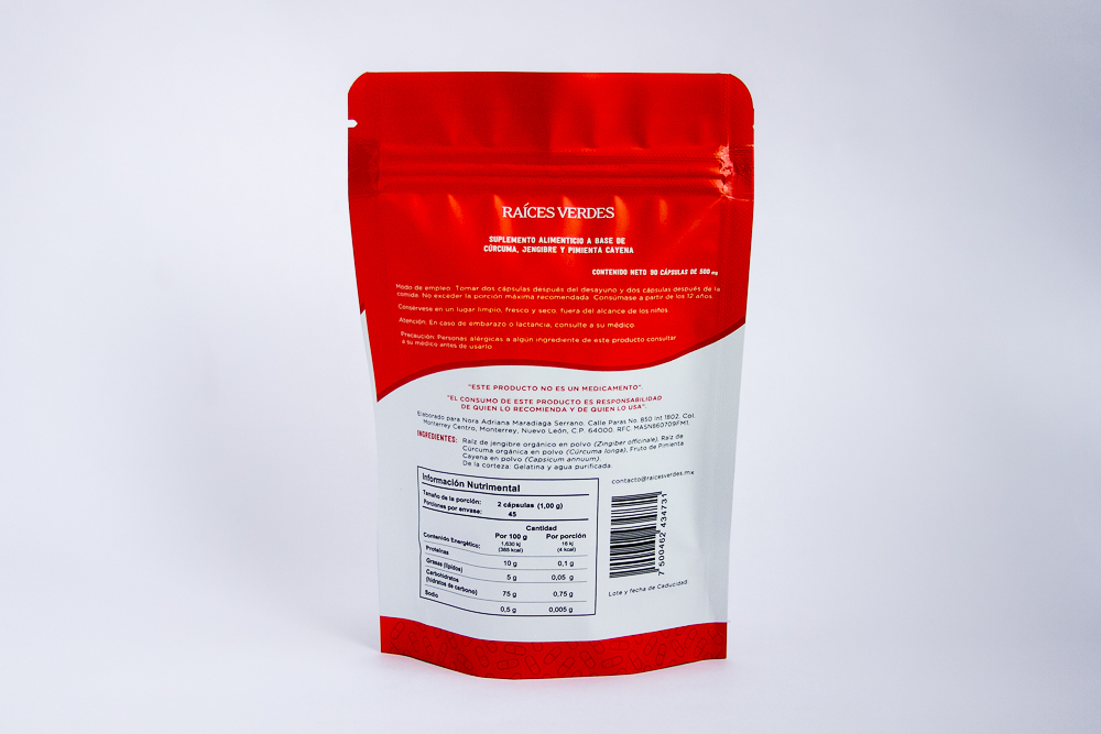 Cápsulas Cúrcuma y Jengibre + Pimienta Cayena | 90 cápsulas - 500 mg | Raíces Verdes