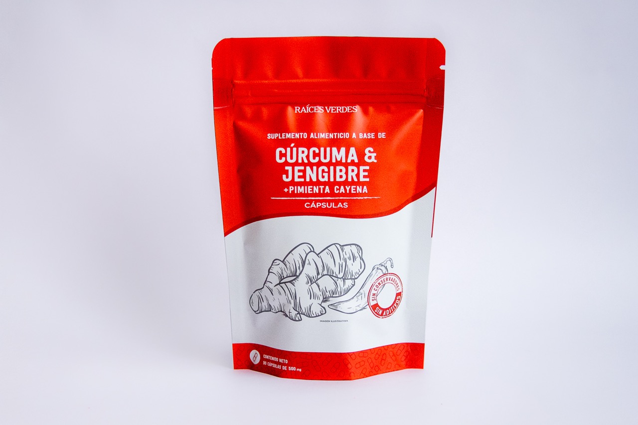Cápsulas Cúrcuma y Jengibre + Pimienta Cayena | 90 cápsulas - 500 mg | Raíces Verdes