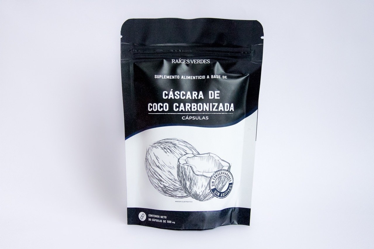 Cápsulas Carbón Activado de Coco | 90 cápsulas - 500 mg | Raíces Verdes