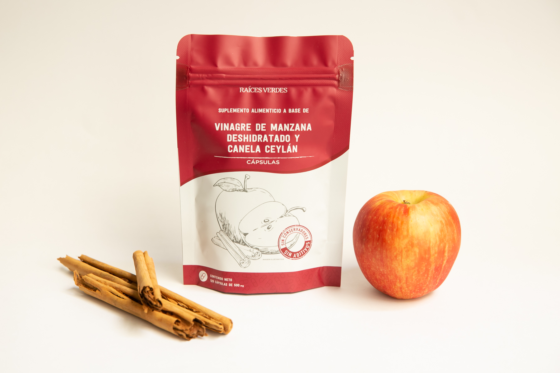 Cápsulas Vinagre de Manzana con Canela Ceylán | Termogénico, Regula azúcar en sangre | 120 cápsulas - 500 mg | Raíces Verdes