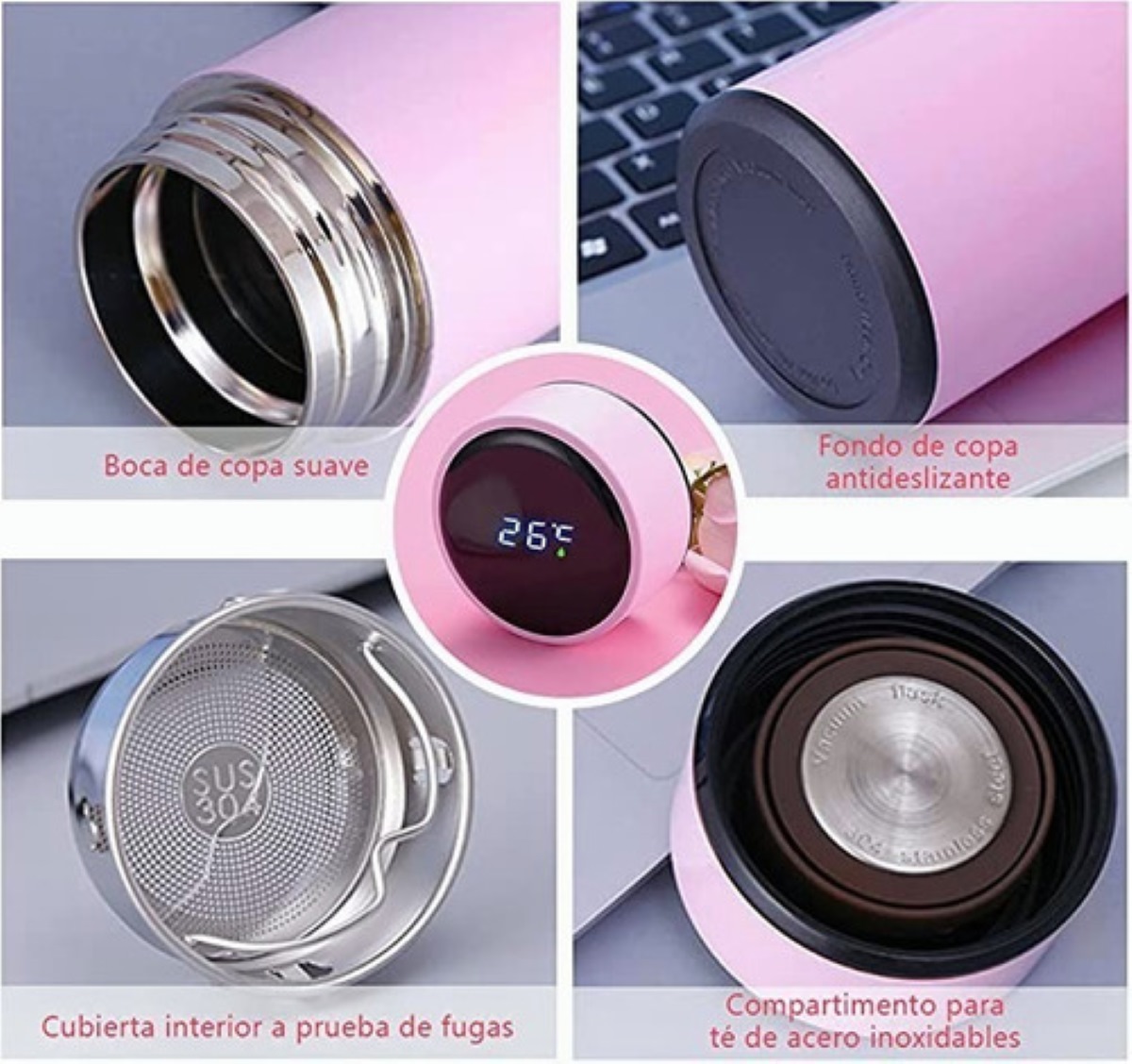 Termo Digital Inteligente De Acero Inoxidable 500ml. Rosa