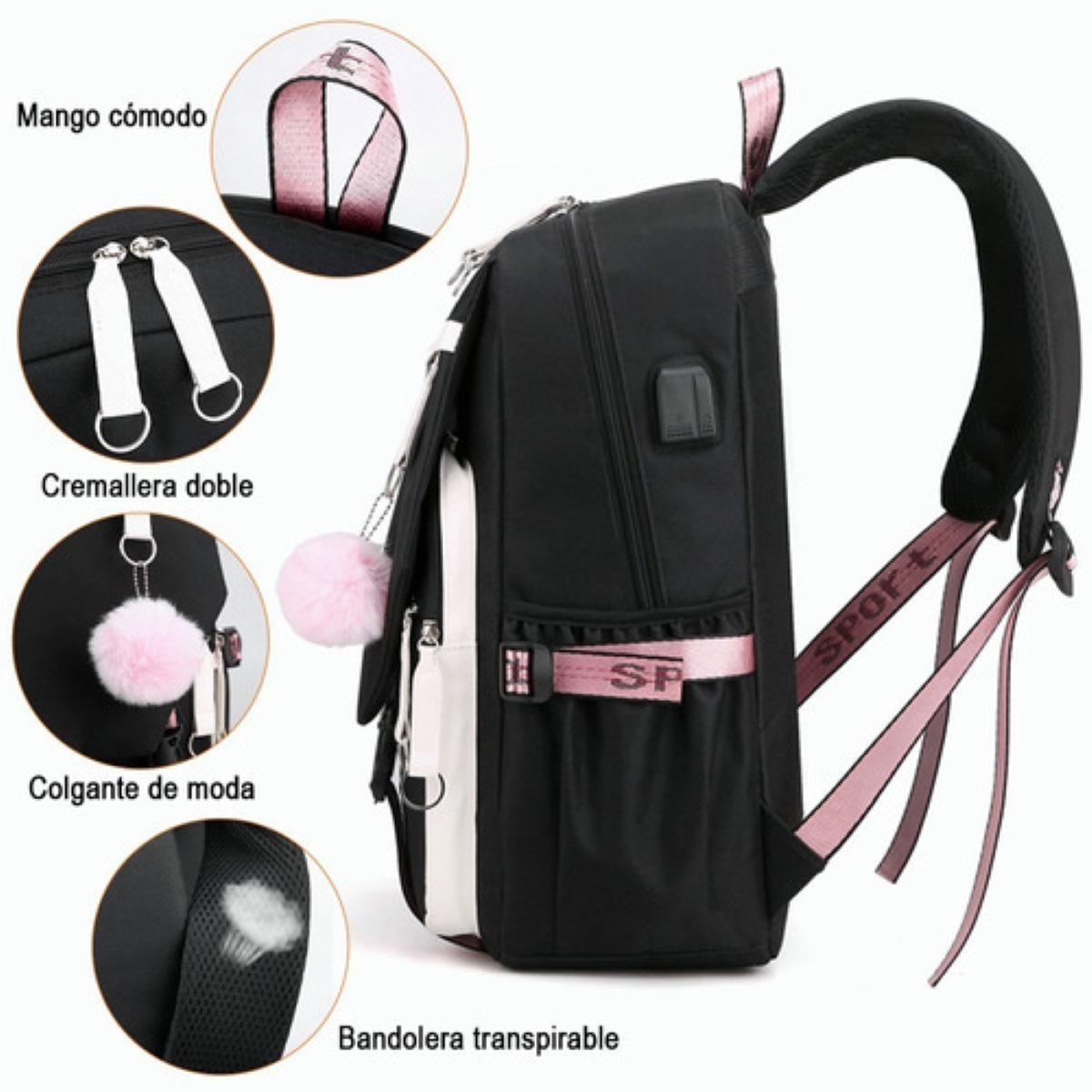 Mochila Juvenil Moda Con Puerto Usb Negra