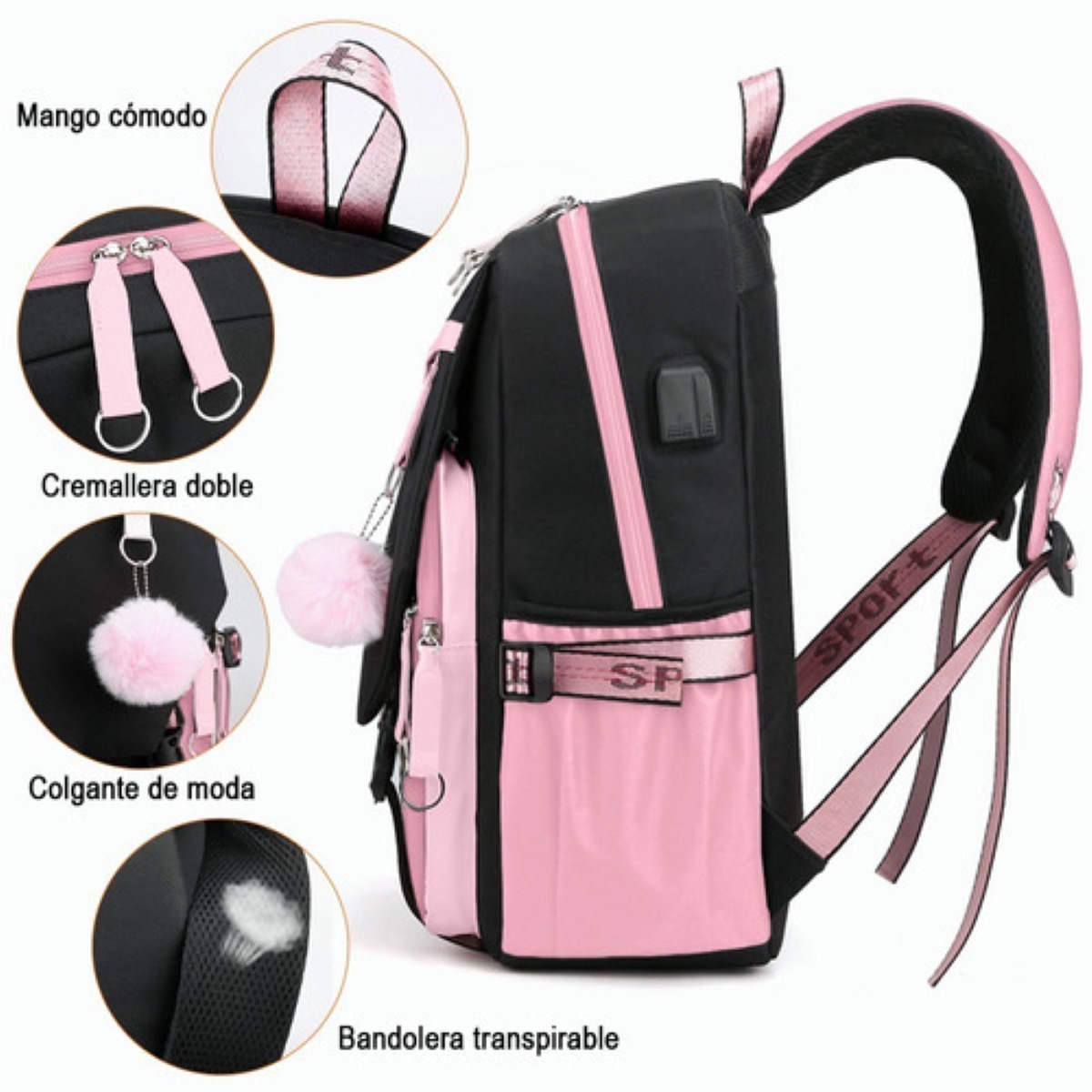 Mochila Juvenil Moda Con Puerto Usb Rosa