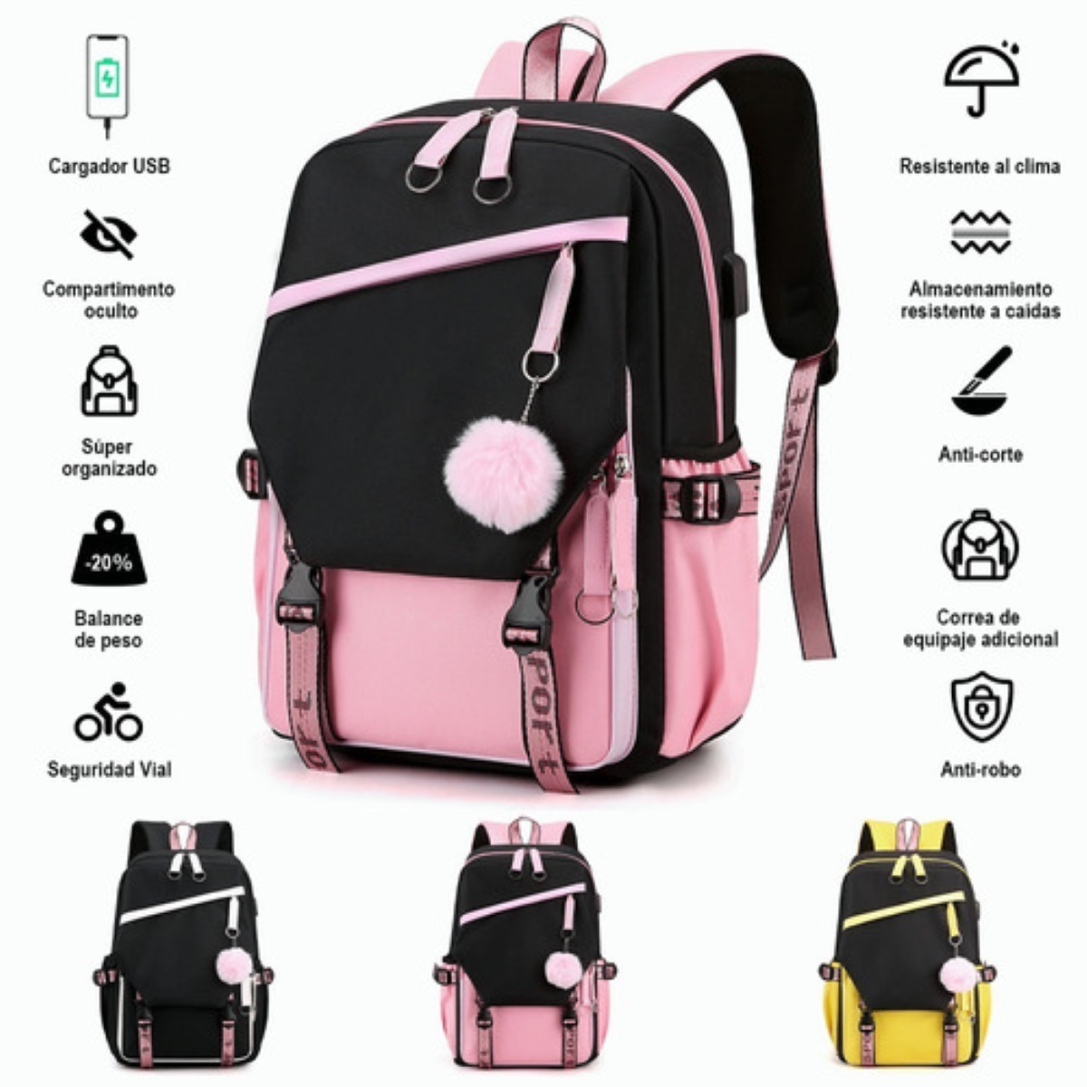Mochila Juvenil Moda Con Puerto Usb Rosa