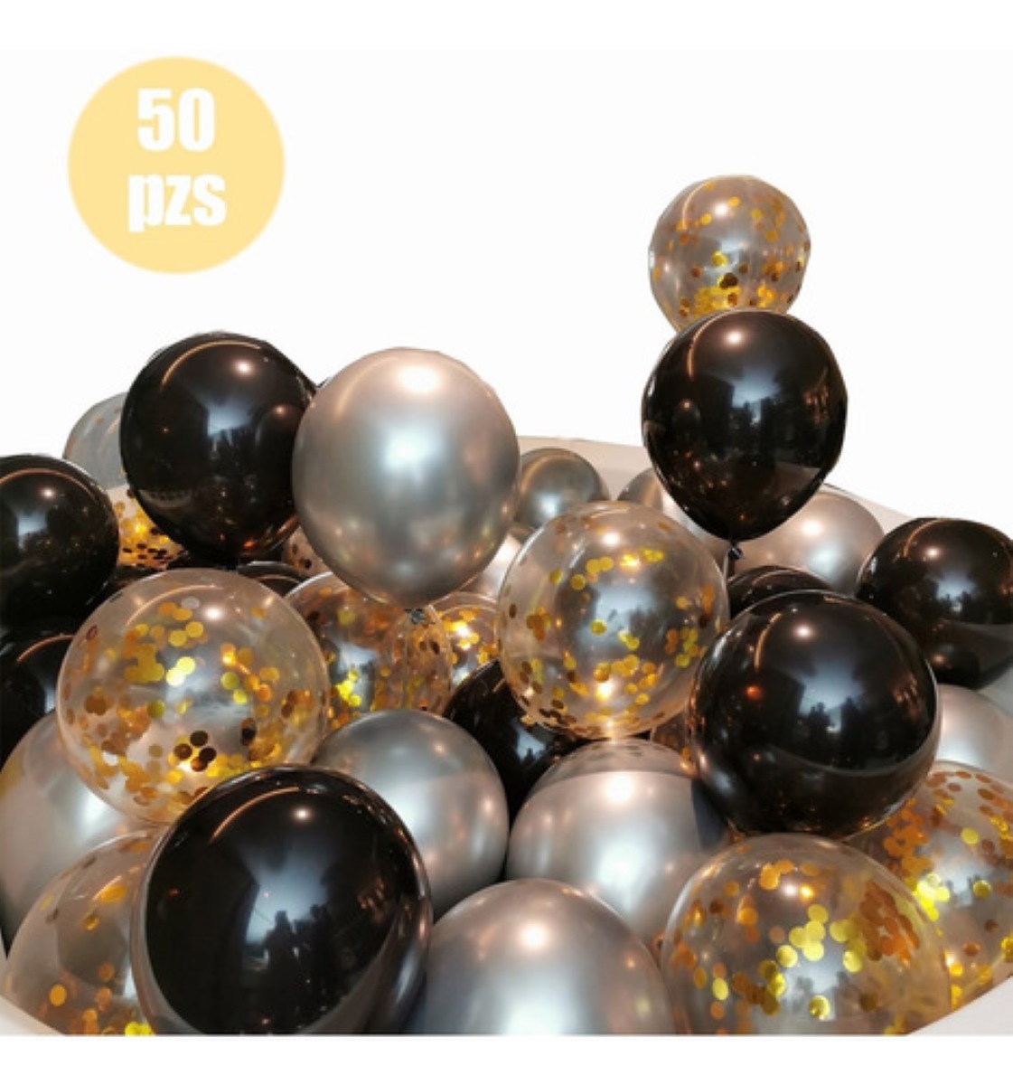 Kit Decoración Globos Metálicos Para Cortina 50pzs Dorados Negro