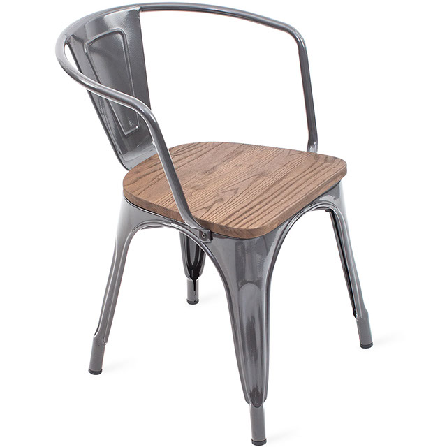 Set con 2 Sillas metalica con descansa brazos diseño tipo tolix con madera en asiento