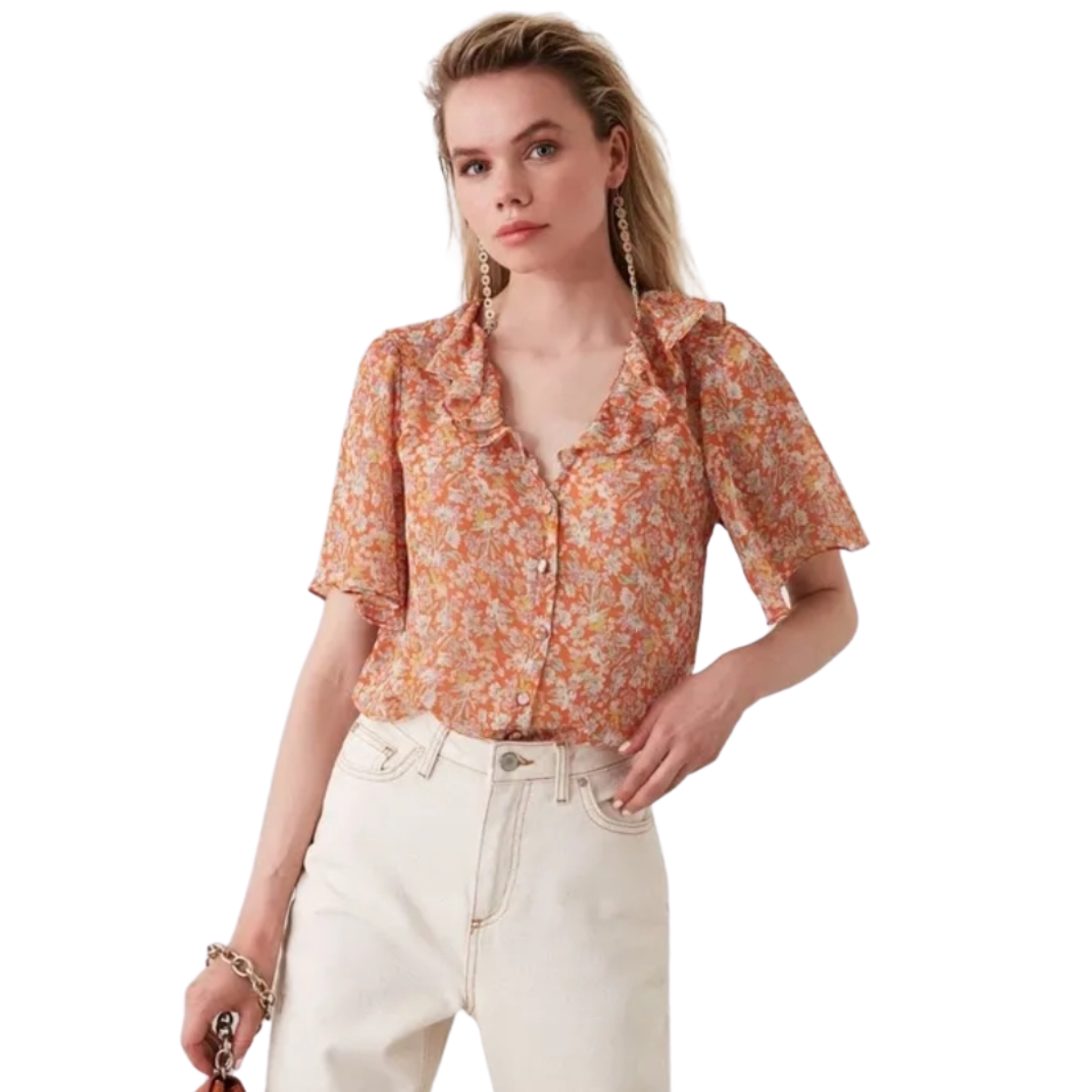 Blusa Camisa Naranja Floreada Talla Chica 36 Para Mujer