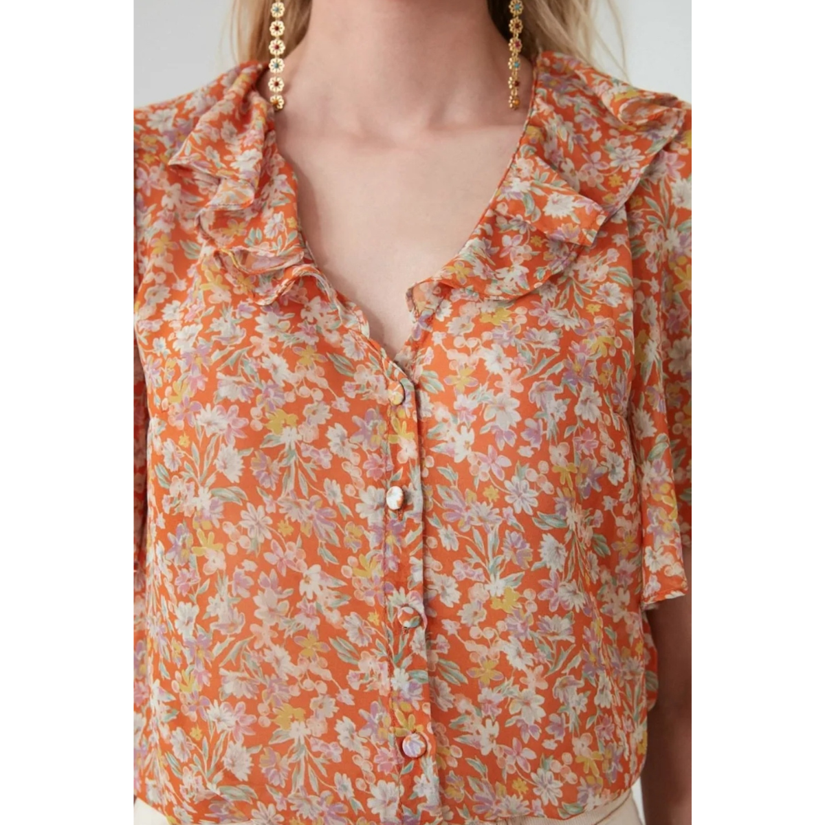 Blusa Camisa Naranja Floreada Talla Chica 36 Para Mujer
