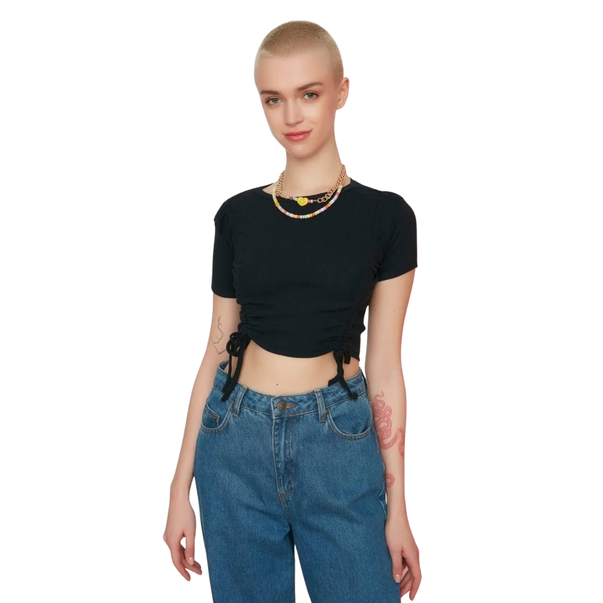 Blusa De Punto Con Cordones Con Detalle Fruncido Negro Talla Grande Moda Mujer